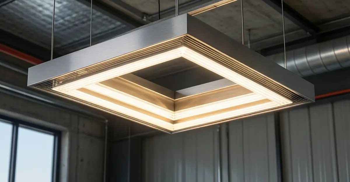 Luminaria LED comercial de alta eficiencia en lúmenes por vatio en un entorno de almacén industrial