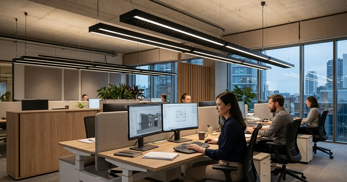 Interior kantor modern menampilkan tata letak pencahayaan linear UGR rendah