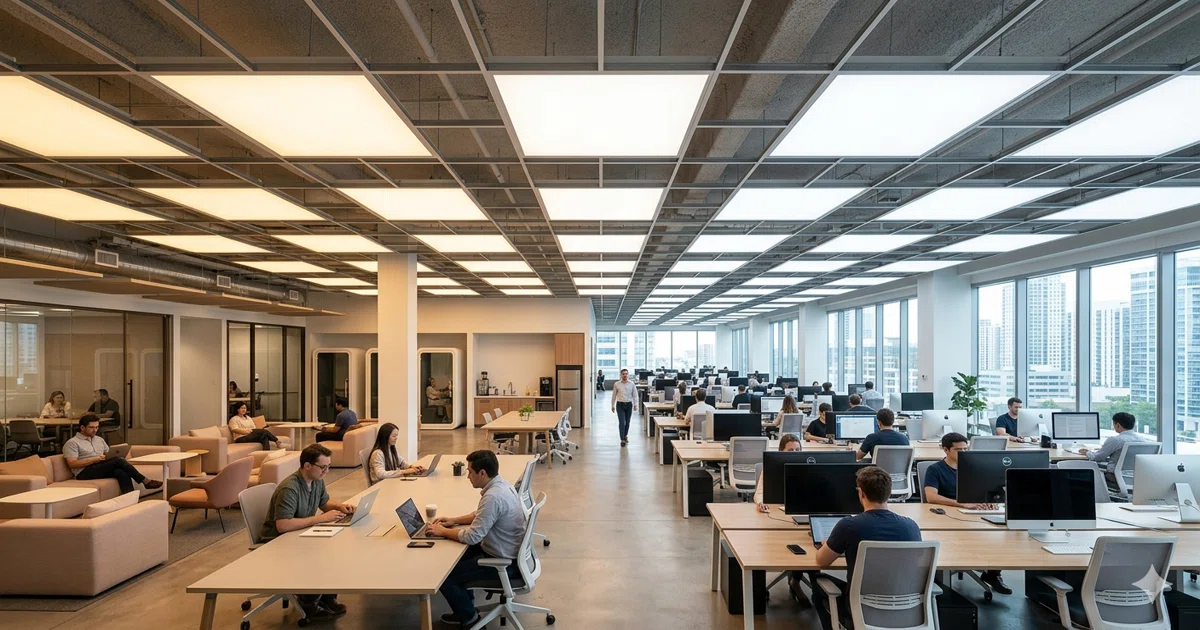 Kantor modern dengan panel LED putih yang dapat disetel memberikan pencahayaan berbasis manusia yang mengubah suhu warna sepanjang hari