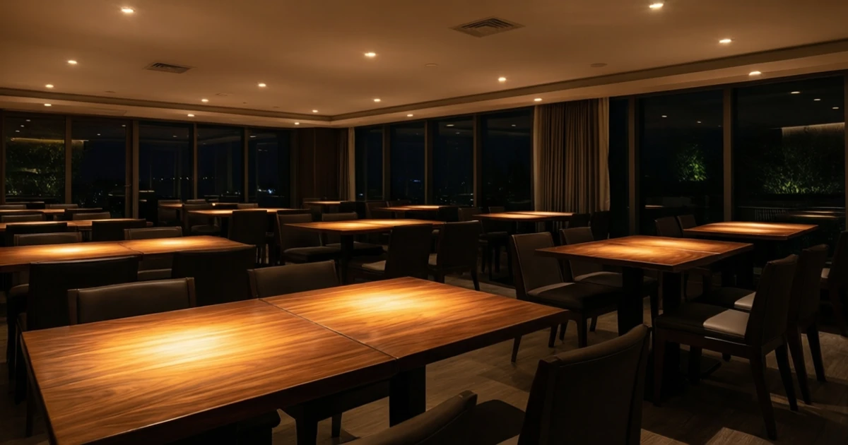 Comedor de restaurante de noche con downlights LED empotrados regulados a un nivel cálido y bajo, la condición de operación en la que las declaraciones de parpadeo a plena carga dejan de ser aplicables
