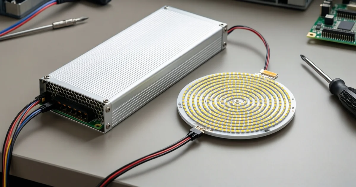 Driver LED independiente cableado a un módulo LED redondo sobre un banco de trabajo, la combinación de driver y módulo que un informe de ensayo de parpadeo debe identificar