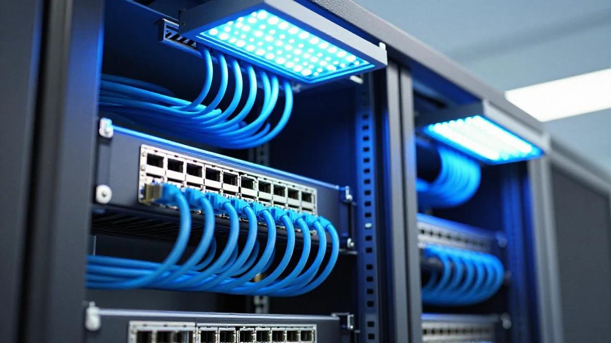 Arsitektur sistem pencahayaan PoE dengan switch jaringan, kabel Ethernet, dan armatur LED di kantor komersial