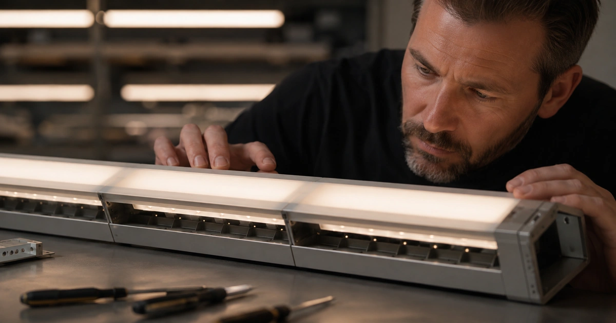 Teknisi memeriksa luminaire LED modular sebelum pekerjaan penggantian